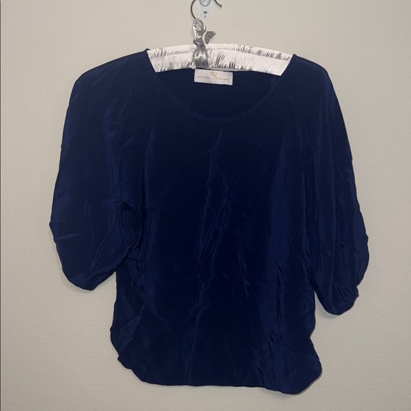 Amanda Uprichard Navy Blouse with Puffy Sleeves - Silk - Small. B8 - Picture 1 of 5